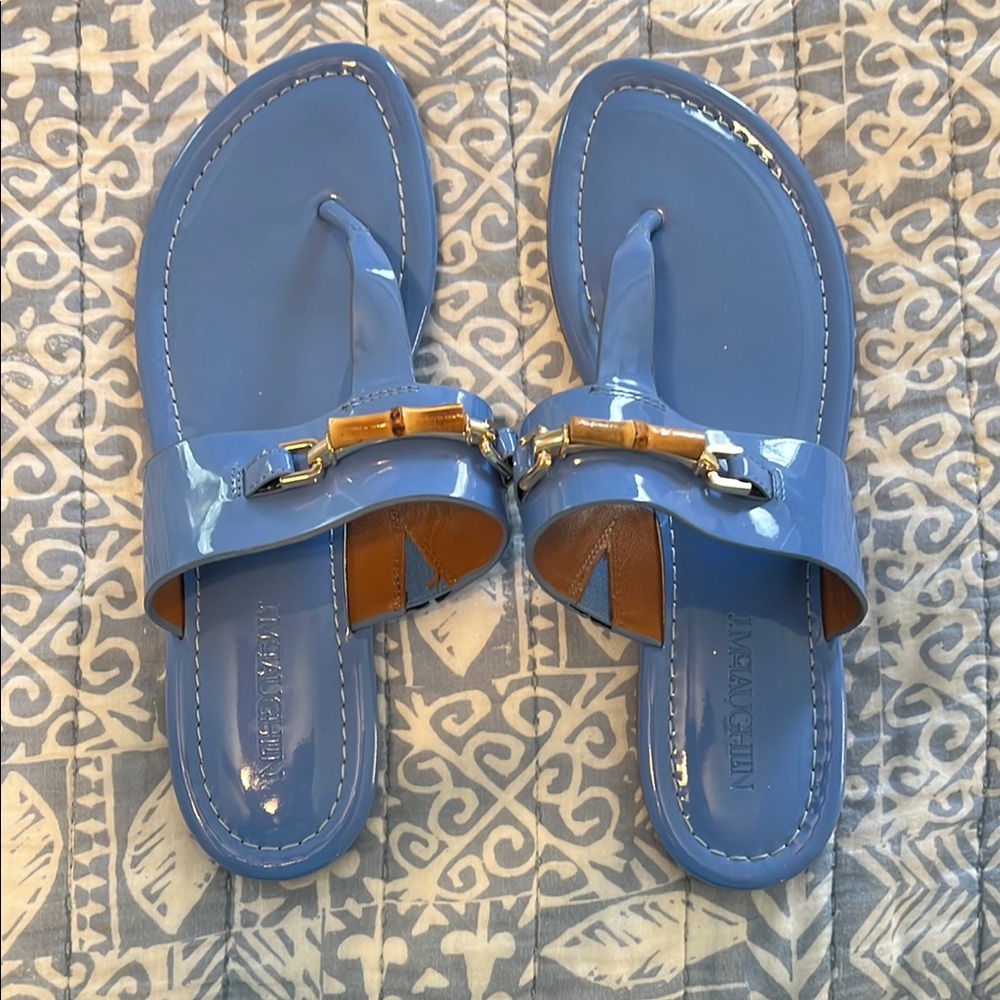J. McLaughlin Blue Sandals, comfortable, wood and gold accents